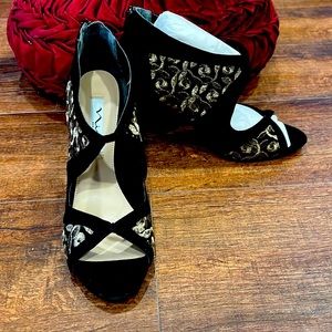 Black Suede/Gold Embroidered Women’s Stilettos Open Toe Shoes - Size 9 - New